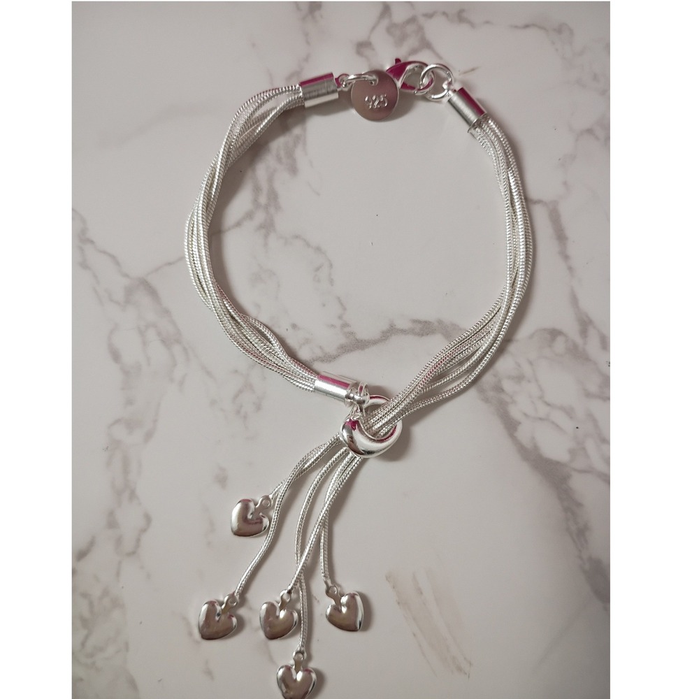 Sterling Silver Multi Strand Bracelet w/ Tassel & Dangling Hearts - NWOT